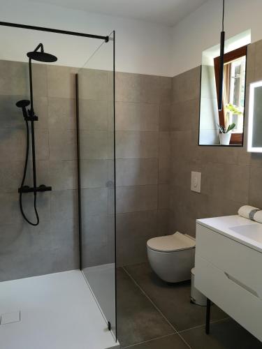 a bathroom with a shower and a toilet and a sink at Apartments Frgacic I in Baška