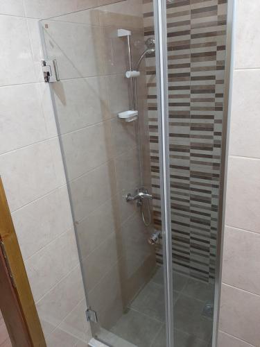 a shower with a glass door in a bathroom at Apartmani Radulović in Vrnjačka Banja