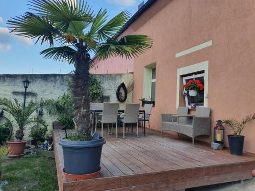 a wooden deck with a table and a palm tree at Farm Stay NH Stables in Nýřany