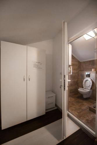 a bathroom with a toilet and a glass door at Vila Yanis Vama Veche in Vama Veche
