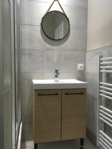 een badkamer met een wastafel en een spiegel bij Lavande- Gasquerie gites in Puisseguin