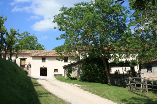 a white house with a tree and a dirt road at Agriturismo Sacchiafarm in Borgo Pace