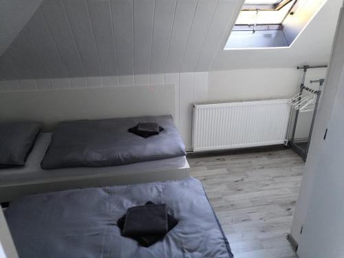 a bedroom with two beds and a skylight at Penzion Ubytování u Parku s parkovištěm in Česká Lípa