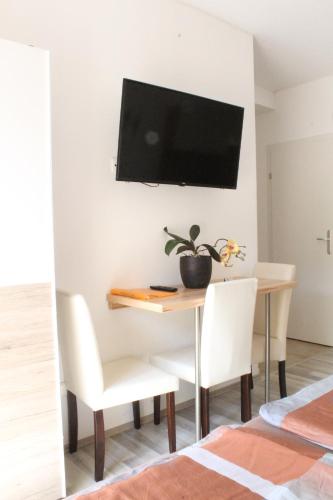 a dining room table with chairs and a television on a wall at Villa Toscana in Steyr