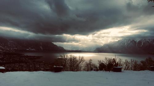 a view of a lake with snow on the ground at Lovely villa in Lavaux with unique view ! in Chardonne