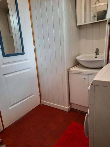 a bathroom with a sink and a white door at Le studio d Olivia in Avallon