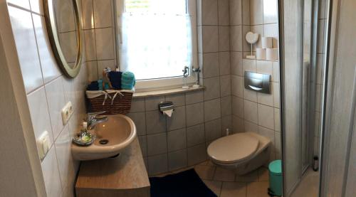 a small bathroom with a toilet and a sink at Ferienhäusle JoNa in Gunzenhausen