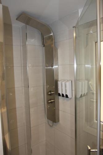 a shower with a glass door in a bathroom at Apartamentos La Herradura Terraza in Haro