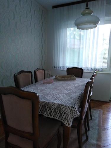a dining room with a table with chairs and a window at Apartman Tara in Vrdnik