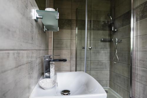 a bathroom with a shower and a white sink at Penzion U Pivovaru in Děčín