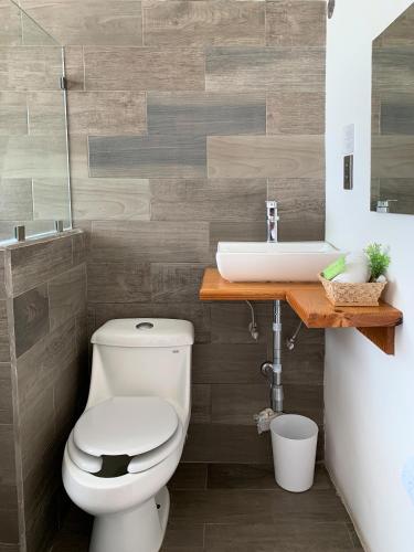 a bathroom with a toilet and a sink at Carcamanes 17 Gastro-Hotel in Guanajuato