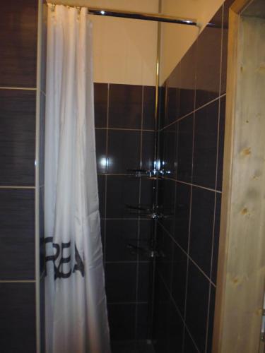 a shower with a white shower curtain in a bathroom at Penzion Kelčany u Kyjova in Kelčany