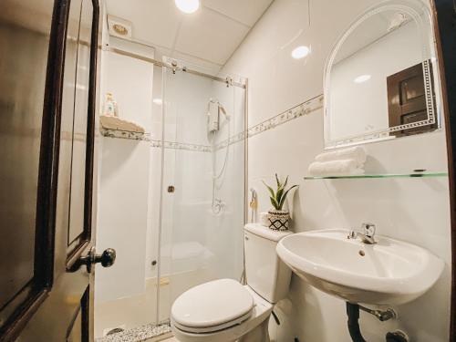 La salle de bains est pourvue de toilettes, d'un lavabo et d'une douche. dans l'établissement NGOC LINH MOTEL, à áº¤p VÄ©nh ÃÃ´ng