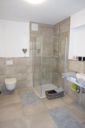 a bathroom with a shower and a toilet and a sink at Kleine Auszeit in Timmendorfer Strand