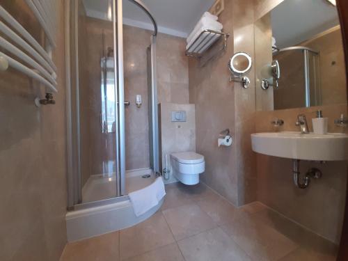 a bathroom with a shower and a toilet and a sink at Apartament LAPIS Panorama Avangard in Świnoujście