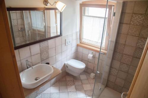 a bathroom with a toilet and a sink and a shower at Agriturismo Athabaska in San Lorenzo in Banale