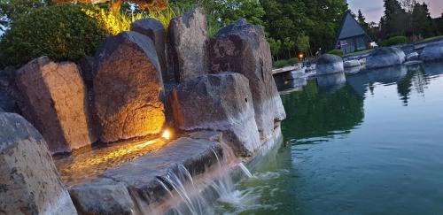 a fountain in the middle of a body of water at Zen Garden Resort, Zánka in Zánka