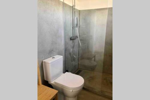 uma casa de banho com um WC e um chuveiro em Porto Covo Bay House em Porto Covo