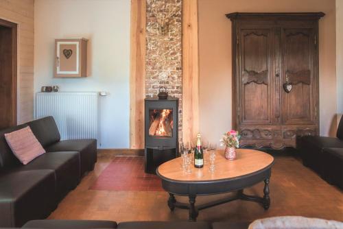 a living room with a coffee table and a fireplace at Le pavillon de l'herboriste 14p jacuzzi jardin in Tintigny