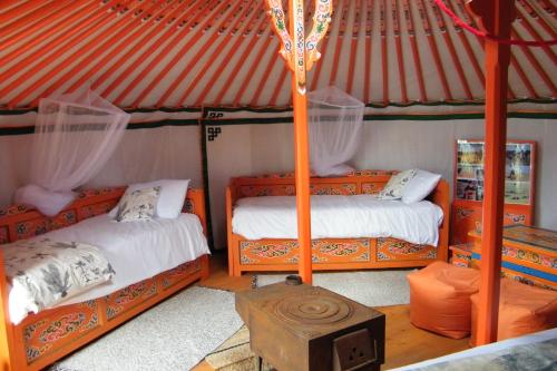- une chambre avec 2 lits dans une yourte dans l'établissement Ferme Lou Pagora, à Tiranges
