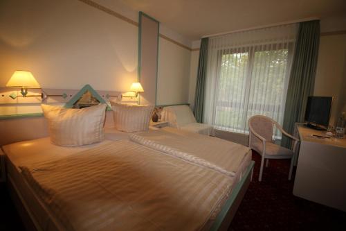 a hotel room with a large bed and a desk at Hotel Reke in Plau am See