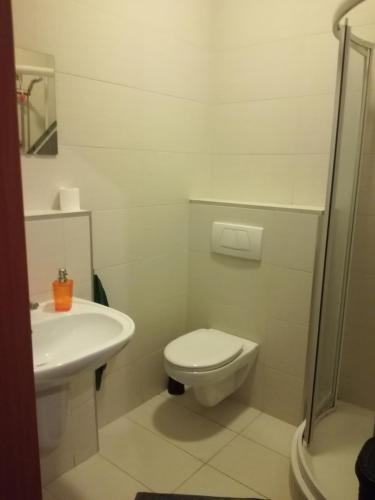 a white bathroom with a toilet and a sink at Apartament nad Jeziorem Sławskim in Radzyń
