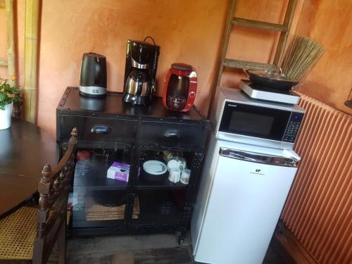 a microwave on top of a refrigerator next to a table at En pleine nature in Bonneuil-en-Valois