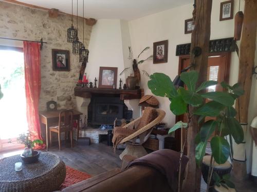 a living room with a couch and a fireplace at En pleine nature in Bonneuil-en-Valois