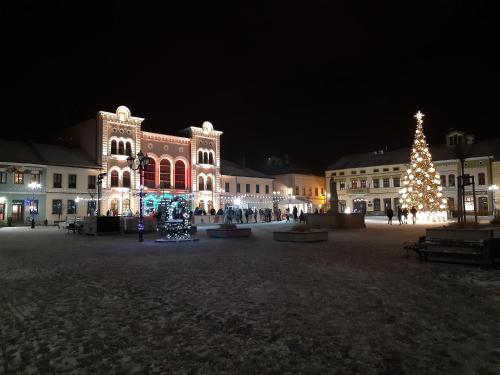 a christmas tree in front of a building at night at O.W. MEGA nad jeziorem in Żywiec