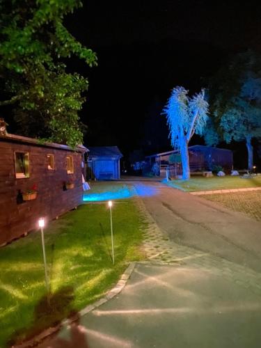 a street at night with blue lights on the grass at Camping Boomerang in Poschiavo