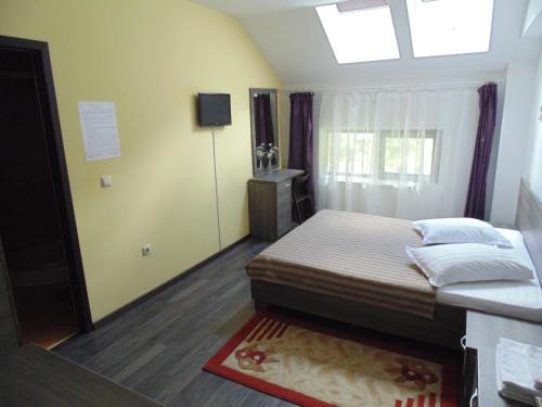 ein Schlafzimmer mit einem Bett und einem TV in der Unterkunft Eden Maison in Slănic-Moldova