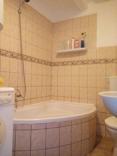 y baño con bañera y lavamanos. en Gyöngyösi Kertes Ház, en Gyöngyös