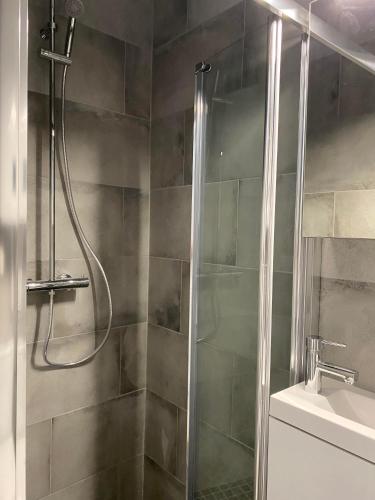 une douche avec une porte vitrée à côté d'un lavabo dans l'établissement Appart hyper centre Nice, à Nice