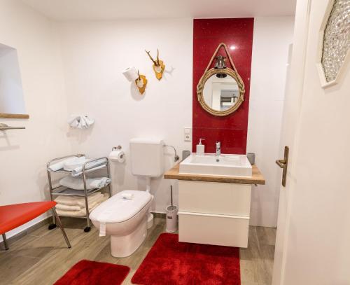 ein Badezimmer mit einem WC, einem Waschbecken und einem Spiegel in der Unterkunft Ferienwohnung Hedwig in Breitnau