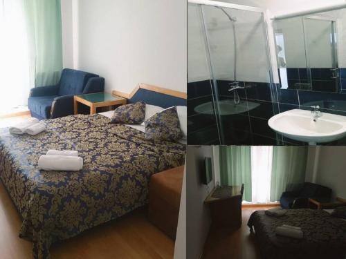 2 fotos de una habitación de hotel con cama y lavabo en Hotel Imzit Dobrinja en Sarajevo