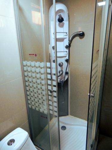 a shower with a glass door next to a toilet at Hostal Plaza Maule in Talca