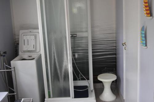 een kleine badkamer met een douche en een toilet bij Lisan in Hunnebostrand