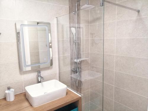 uma casa de banho com um chuveiro, um lavatório e um espelho. em Le Piade, confort moderne, vue dégagée, clim, ascenseur, WiFi em Sète