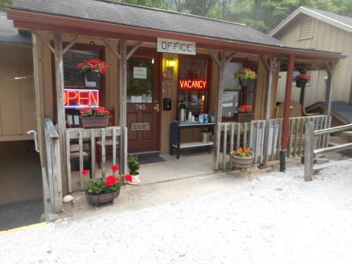 a store with flowers in front of a building at The Evening Shade River Lodge and Cabins in Chimney Rock