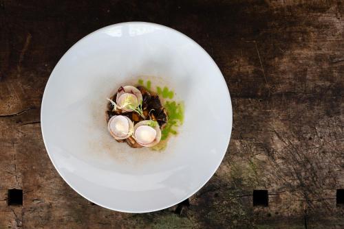 a plate of food with oysters on a wooden table at PENSION Hinterleithner in Persenbeug-Gottsdorf