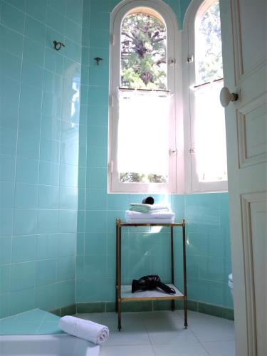 a bathroom with blue tiles and a window at Château de la Vernède, la Grande Vernède in Saint-Rémy-de-Chargnat