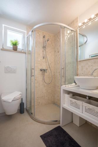 a bathroom with a shower and a toilet and a sink at Villa Brac with pool Bol in Bol