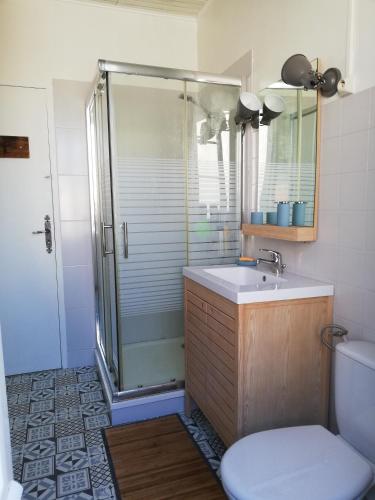 une salle de bain avec une douche, un lavabo et des toilettes dans l'établissement La Marinière, 3chb, à 500m de la mer - St Denis Oléron, à La Gautrie