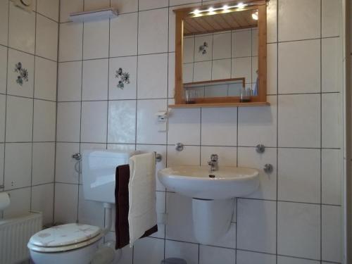 a white bathroom with a toilet and a sink at Fewo Pfalzwohnung in Ellerstadt