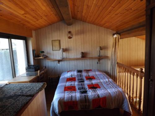 1 dormitorio con 1 cama en una habitación de madera en T3 très agréable, 2 terrasses, bien placé, en Amélie-les-Bains-Palalda