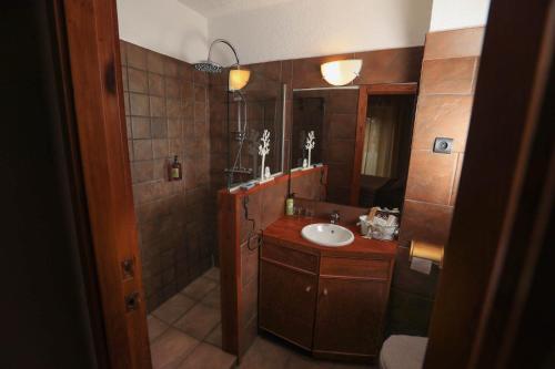 a bathroom with a sink and a mirror at Mirasol Résidence in Enveitg