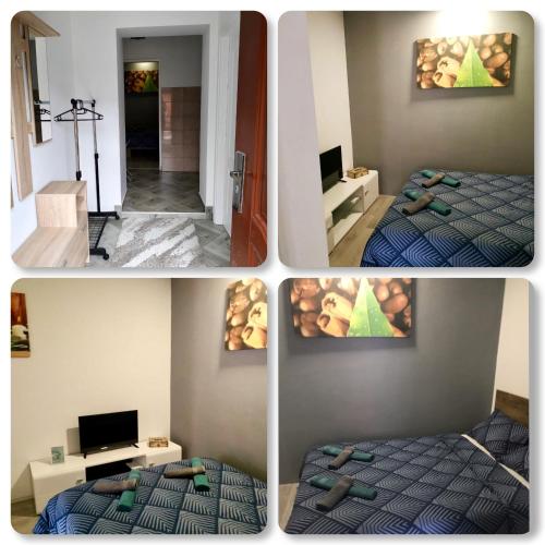 four pictures of a bedroom with a bed and a television at Zen Apartmani in Zrenjanin