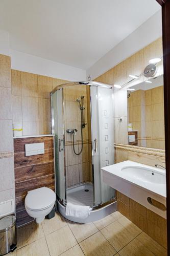 a bathroom with a shower and a toilet and a sink at Panorama_SPA in Trzęsacz