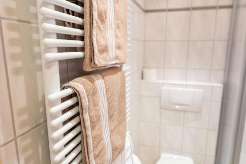 a bathroom with a towel rack and a shower at Das Tannacker - Ferienwohnungen Hartmann in Fischen