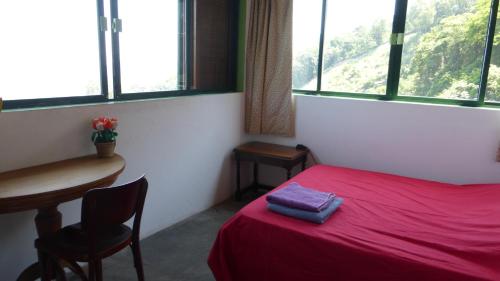 1 dormitorio con cama roja, mesa y ventana en Casa 48 Guesthouse, en Río de Janeiro